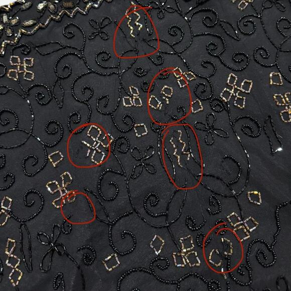 VTG 90s Mes Ami Black Silk & Shifty Gold Floral Floral Whimsy Beaded Sequin Top - Picture 7 of 8